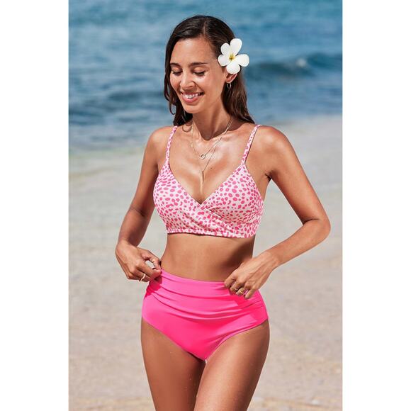 NEW CUPSHE Pink Polka Dot Bikini Top & Tummy Control Bottoms Set SIZE L - Picture 1 of 4